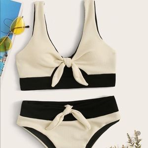 Two Tone Ribbed Knot Front Bikini Set